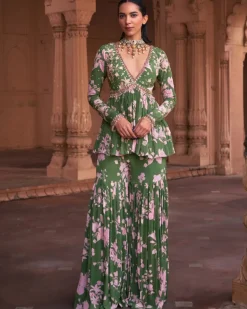 Sage Green Floral Print & Highlighted Peplum Set