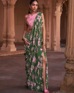 Sage Green Floral Print & Highlighted Sari Set