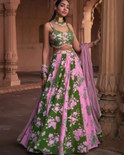 Sage Green Floral Print & Highlighted Lehenga Set
