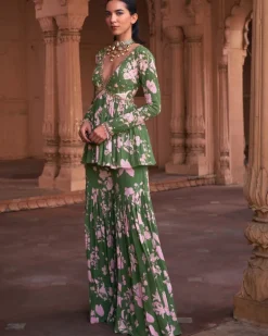 Sage Green Floral Print & Highlighted Peplum Set