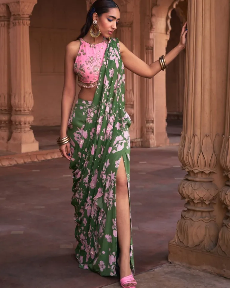 Sage Green Floral Print & Highlighted Sari Set