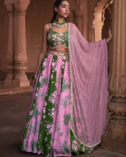 Sage Green Floral Print & Highlighted Lehenga Set