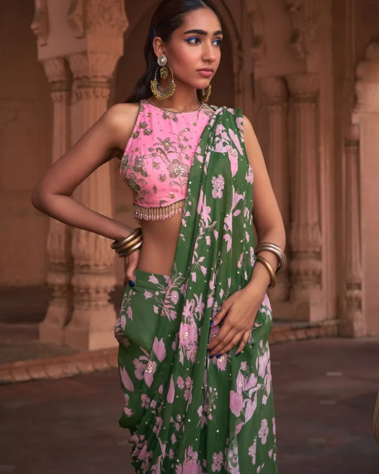 Sage Green Floral Print & Highlighted Sari Set