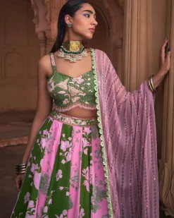Sage Green Floral Print & Highlighted Lehenga Set