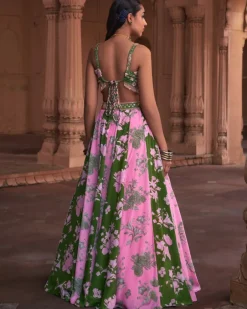 Sage Green Floral Print & Highlighted Lehenga Set