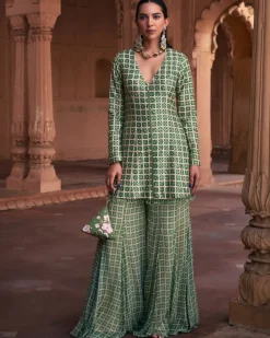 Sage Green Grid Print & Highlighted Jacket Set