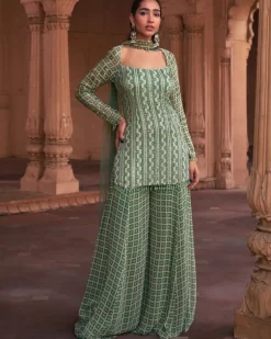 Sage Green Grid Print & Highlighted Kurti Set