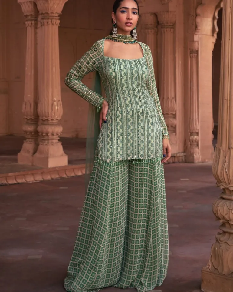Sage Green Grid Print & Highlighted Kurti Set