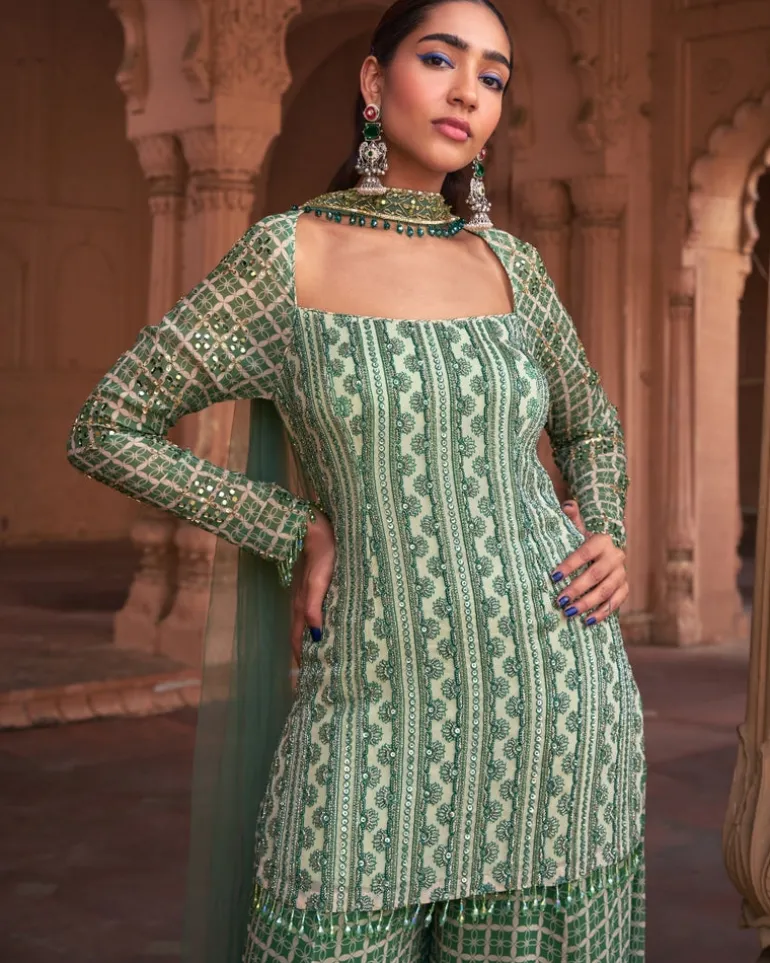 Sage Green Grid Print & Highlighted Kurti Set