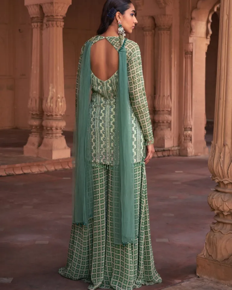Sage Green Grid Print & Highlighted Kurti Set