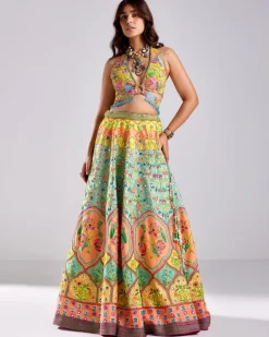 Sage Green Lotus Print Embroidered Lehenga Set