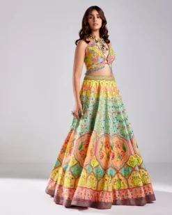 Sage Green Lotus Print Embroidered Lehenga Set