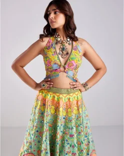 Sage Green Lotus Print Embroidered Lehenga Set