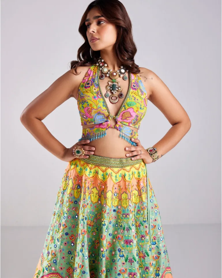 Sage Green Lotus Print Embroidered Lehenga Set