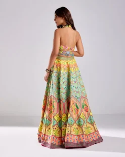 Sage Green Lotus Print Embroidered Lehenga Set