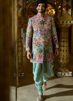 Sage Green Multi- Coloured Three-Dimenisonal Sherwani Set