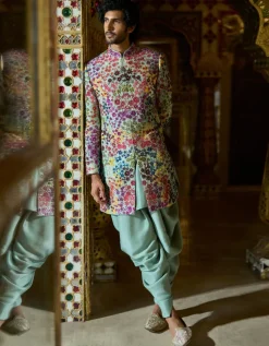 Sage Green Multi- Coloured Three-Dimenisonal Sherwani Set
