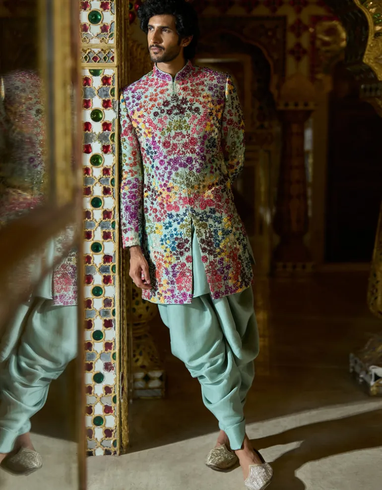 Sage Green Multi- Coloured Three-Dimenisonal Sherwani Set