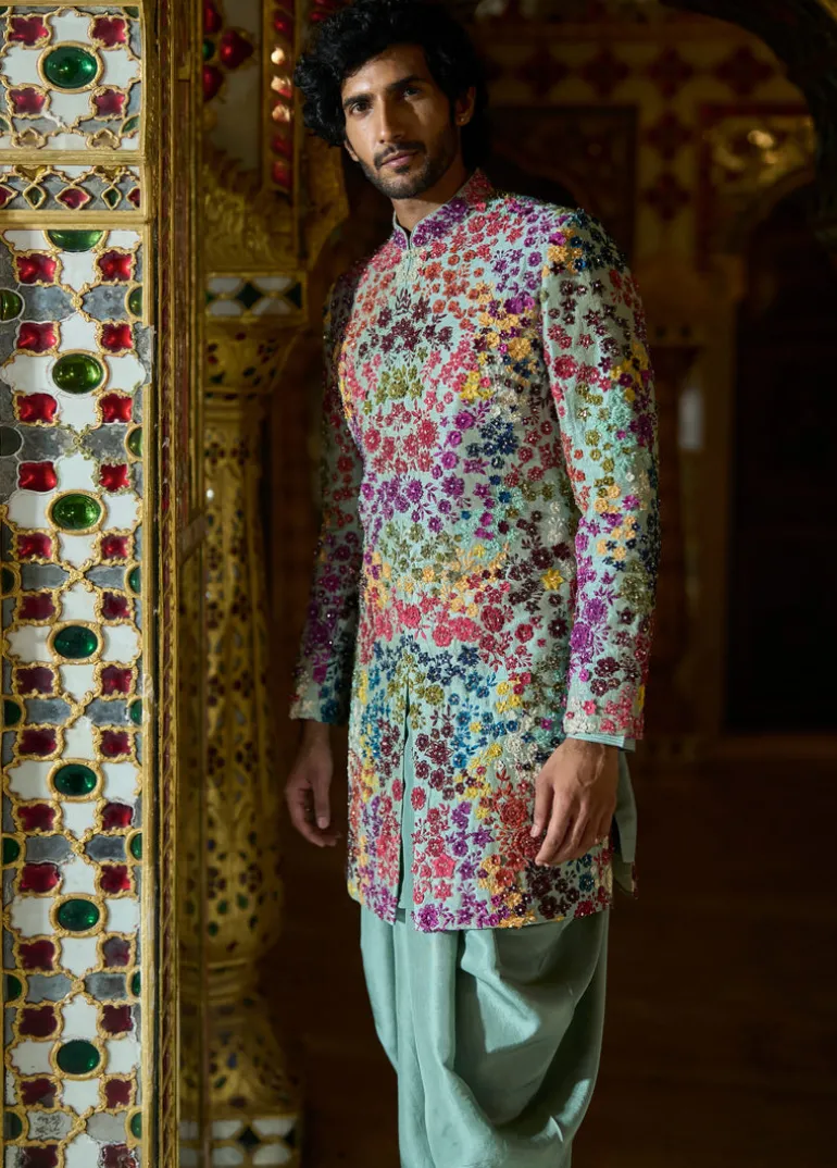 Sage Green Multi- Coloured Three-Dimenisonal Sherwani Set