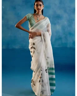 Sage Green Silk Organza Hand-Painted Leheriya Sari