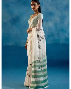 Sage Green Silk Organza Hand-Painted Leheriya Sari