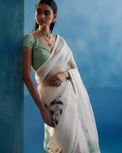 Sage Green Silk Organza Hand-Painted Leheriya Sari