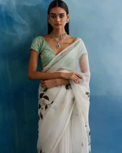 Sage Green Silk Organza Hand-Painted Leheriya Sari