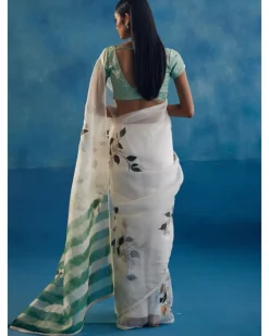 Sage Green Silk Organza Hand-Painted Leheriya Sari