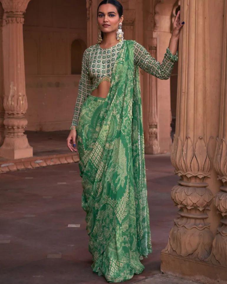 Sage Green Thikri Print and Highlighted Sharara Sari Set
