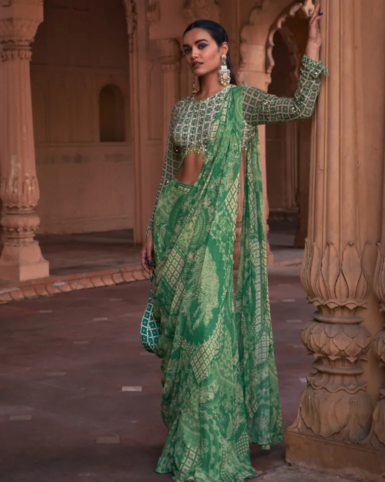 Sage Green Thikri Print and Highlighted Sharara Sari Set