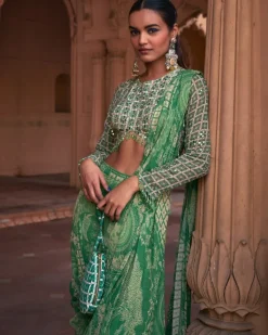 Sage Green Thikri Print and Highlighted Sharara Sari Set