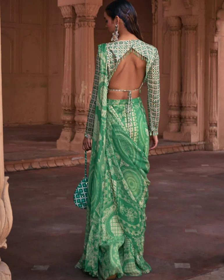 Sage Green Thikri Print and Highlighted Sharara Sari Set