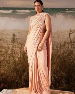 Salmon Bloom Skein Tailored Ruched Sari Set