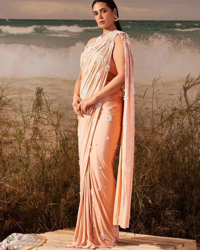 Salmon Bloom Skein Tailored Ruched Sari Set