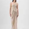 Sand Corded Coral Gown With Drape