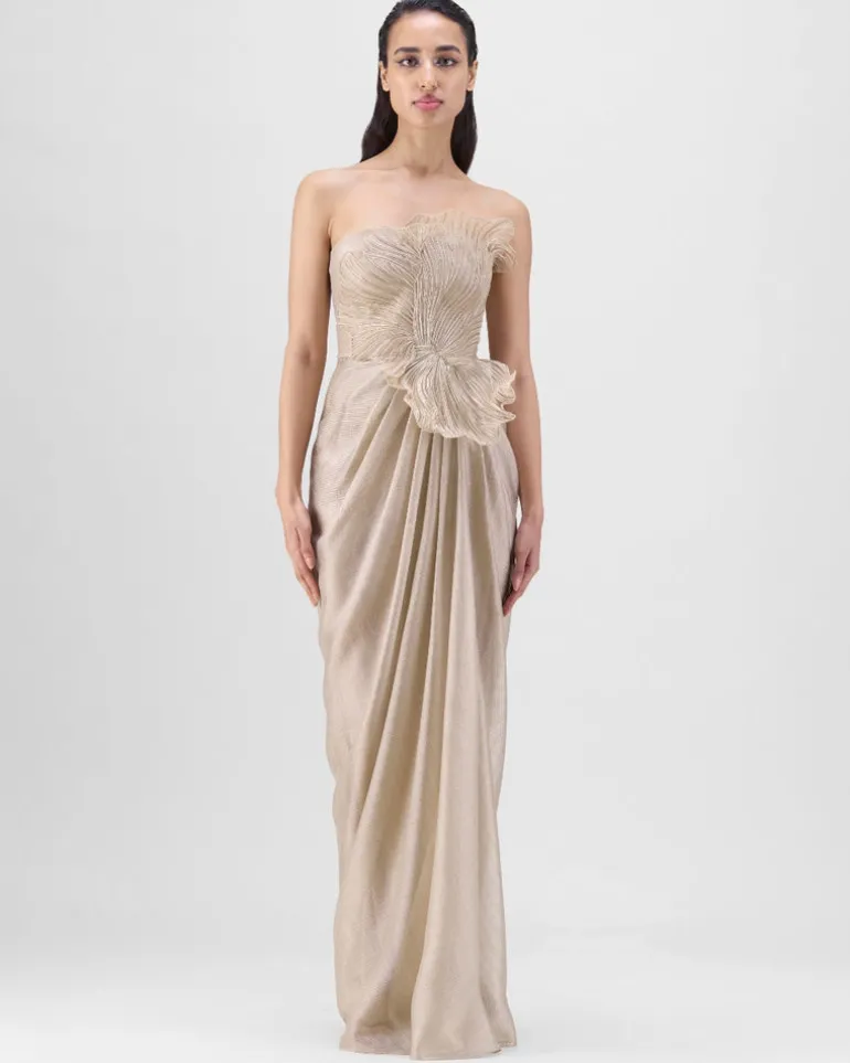 Sand Corded Coral Gown With Drape