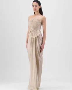 Sand Corded Coral Gown With Drape