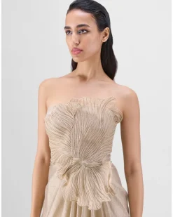 Sand Corded Coral Gown With Drape