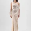 Sand Metallic Sun Ray Gown With Chiffon Drape