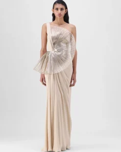 Sand Metallic Sun Ray Gown With Chiffon Drape