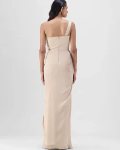 Sand Metallic Sun Ray Gown With Chiffon Drape
