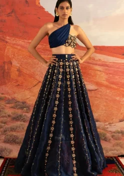 Sapphire Peri Golden Skein with One-shoulder Bustier Lehenga Set