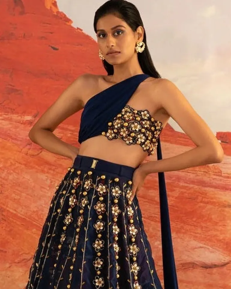 Sapphire Peri Golden Skein with One-shoulder Bustier Lehenga Set