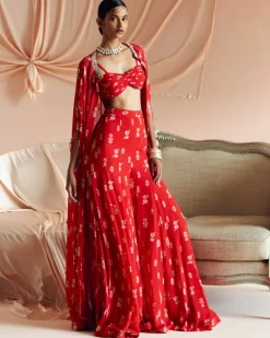 Scarlet Red Floret Pant Cape Set