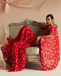 Scarlet Red Floret Pant Cape Set