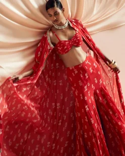 Scarlet Red Floret Pant Cape Set