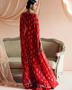 Scarlet Red Floret Pant Cape Set