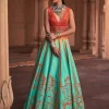 Sea Green Big Floral Print and Embroidered Lehenga Set