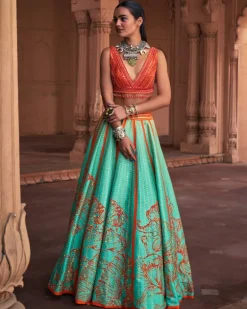 Sea Green Big Floral Print and Embroidered Lehenga Set