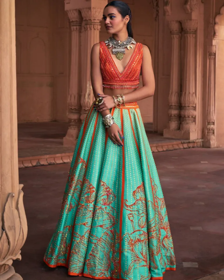 Sea Green Big Floral Print and Embroidered Lehenga Set